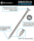 Heavy Duty 10 X 3 Inch Type 316 Marine Grade Stainless Steel Wood Screws With Torx T25 Flat Head displayed against a detailed background.