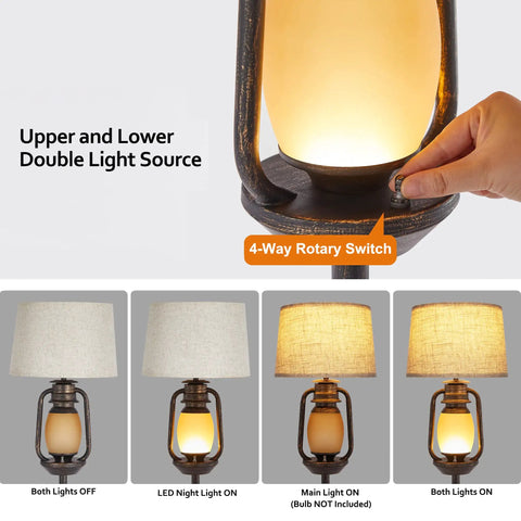 Cozy Farmhouse Floor Lamp With Lantern Night Light showcasing upper and lower double light sources, 4-way rotary switch.
