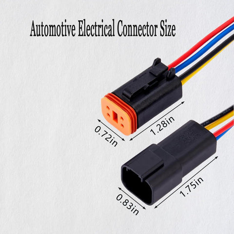 4-Pin DT Waterproof Automotive Electrical Connector Kit 4P Black with 16 AWG wire dimensions illustration, male and female plugs