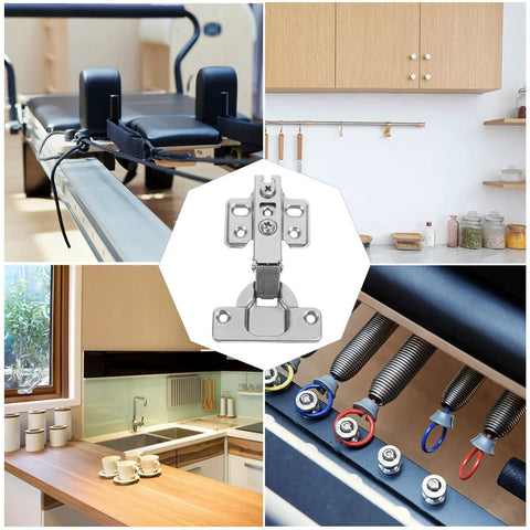 Two Pack Stainless Steel Cabinet Hinges Clip On Concealed For Kitchen Cabinets And Furniture with kitchen and equipment background.