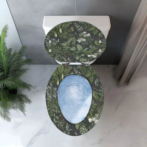 Elongated Resin Toilet Seat for Bathroom with floral design, top view, suitable for standard toilet sizes.