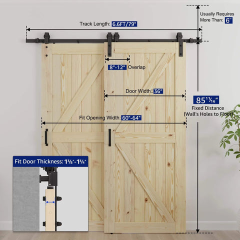 Double 36x84 Inch Bypass Barn Door With 6.6 Ft Track Hardware Kit Included, Unfinished Solid Wood, DIY Friendly Installation