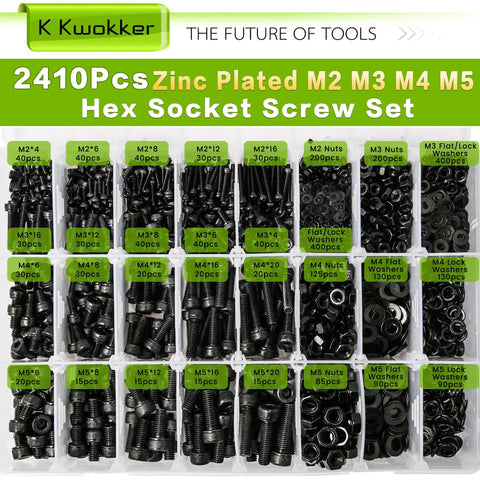 2410pcs M2 M3 M4 M5 Hex Socket Metric Bolt And Nut Assortment Kit Supplies, zinc plated fasteners in clear bins.