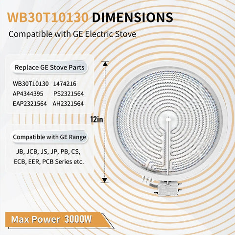 Top view of a 12-inch dual radiant surface element replacement for electric stoves, compatible with GE models, showing dimensions.
