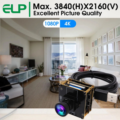 4K USB HDMI camera module with 120 degree wide angle lens, showing split-screen quality comparison of 1080P and 4K resolution in a living room.