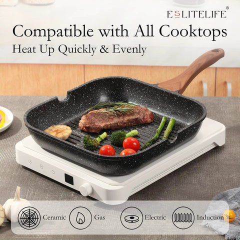 Nonstick Grill Pan With Lid And Tongs 9.5 Inch Square Skillet with steak and veggies on induction cooktop