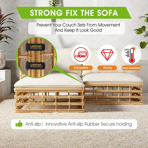 Adjustable Outdoor Sofa Straps and Clips for Patios, Sectional Sofas, and Rattan or Wicker Furniture shown in use with anti-slip feature