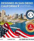 Cityscape of San Diego with warranty and support badges, showcasing design location for Boss Level Bank Grade Money Counter.
