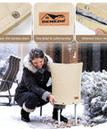 Insulated Backflow Cover For Outdoor Irrigation Valves No Fuss All Season Weatherproof Sprinkler Cover Pouch Keeps Your Backflow Preventer Protected In Winter Or Sun 16 Inch Wide By 20 Inch High Sand with woman installing in snow