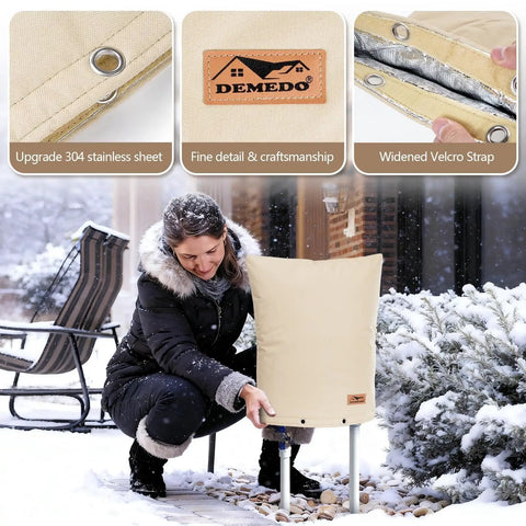Insulated Backflow Cover For Outdoor Irrigation Valves No Fuss All Season Weatherproof Sprinkler Cover Pouch Keeps Your Backflow Preventer Protected In Winter Or Sun 16 Inch Wide By 20 Inch High Sand with woman installing in snow