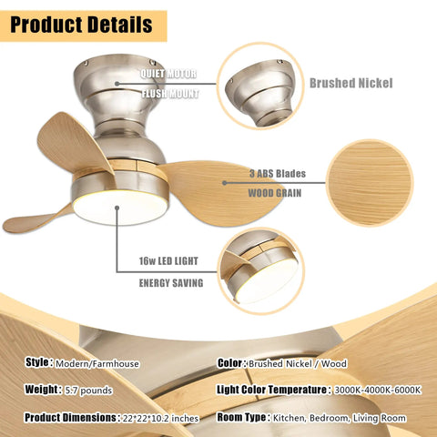 22 Inch Ceiling Fan With Lights And Remote Control, Low Profile Flush Mount Indoor Outdoor Ceiling Fan With 3 Reversible Wood Grain Blades