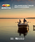 Two people on a boat at sunset, emphasizing Smith's leadership in boat trailer parts and accessories, made in the USA.