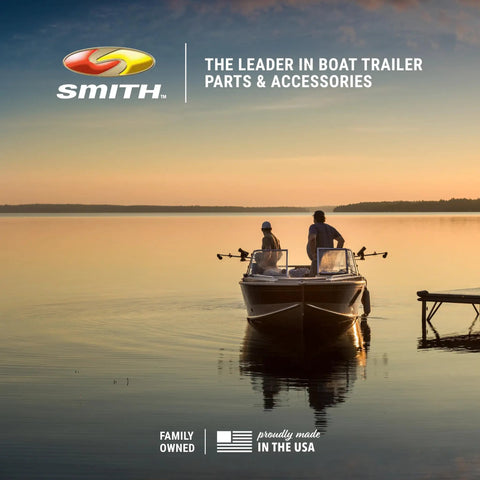 Two people on a boat at sunset, emphasizing Smith's leadership in boat trailer parts and accessories, made in the USA.