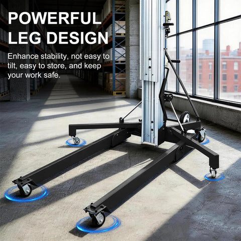 Heavy Duty Telescoping Aluminum Rigging Lift Tower With Manual Crank Winch Elevator, showing stable leg design and swivel casters.