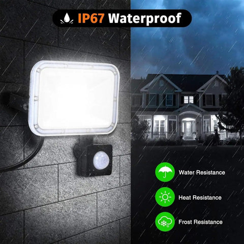 JUDYSSY Led Pir Floodlights 20W, Ip67 Waterproof Security Light with Motion Se mounted on wall, showcasing water resistance features.