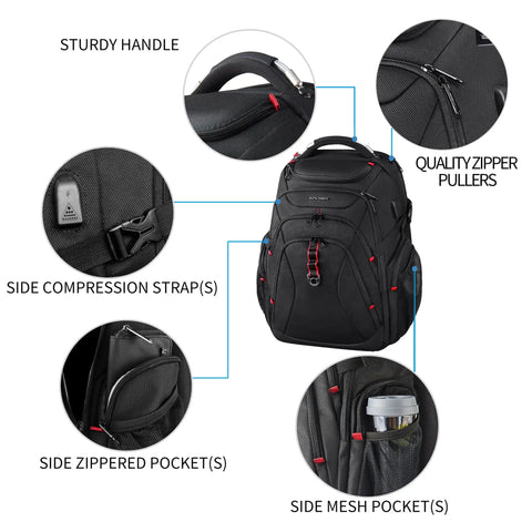 Go-To Travel Laptop Backpack 17.3 Inch XL With Hard Shell Saferoom And RFID Pockets showing design features like pockets, straps, and zippers.