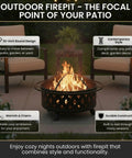 32 Inch Outdoor Wood Fire Pit With Screen, Poker, And Cover For Backyard Hangouts, Deck Or Patio, lit on patio with chairs