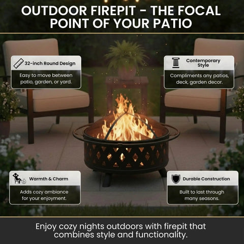 32 Inch Outdoor Wood Fire Pit With Screen, Poker, And Cover For Backyard Hangouts, Deck Or Patio, lit on patio with chairs