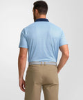 Back view of Men's Golf Polo Shirt Short Sleeve Dry Fit Moisture Wicking Stretch Performance With Blue Floral Print Collared Top For Men XXL