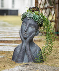 Cool Modern Impressionist Face Planter Pot For Indoor Outdoor Use With Drainage Hole Cactus And Succulent Planter Gray Aged Concrete Finish Polystone Farmhouse Decor Hand Painted Sage Green Floral Crown 11x8.5x16.5 Inches
