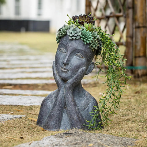Cool Modern Impressionist Face Planter Pot For Indoor Outdoor Use With Drainage Hole Cactus And Succulent Planter Gray Aged Concrete Finish Polystone Farmhouse Decor Hand Painted Sage Green Floral Crown 11x8.5x16.5 Inches