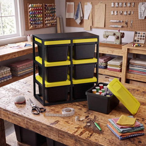 6 Piece Stackable Mini Storage Bins With Bright Yellow Lids And Sturdy Black Rack Compact Plastic Containers on wooden table with sewing supplies.