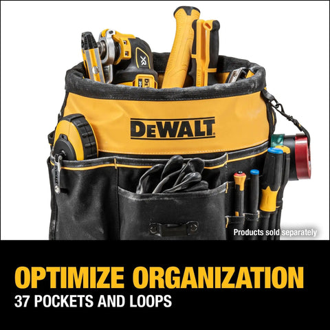 Pro Grade Tool Organizer With 37 Pockets And TOUGHCASE Pocket, Built From Durable 1680 Denier Fabric on 5-gallon bucket.