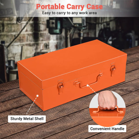 Portable metal case for Hydraulic Knockout Punch Set with handle, shown on workbench, used for easy transport and storage.