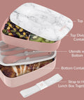 Three Compartment Adult Lunch Box With Built In Utensil Set And Sealing Strap For Meal Prep Grab And Go BPA Free Food Container Perfect For Work Or School In Blush Marble with open layers showing compartments and utensils inside.