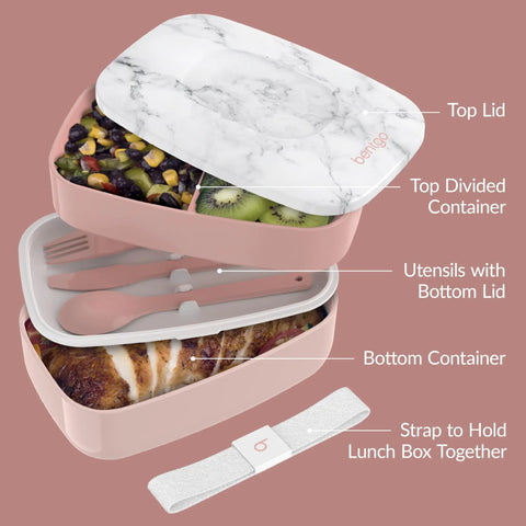 Three Compartment Adult Lunch Box With Built In Utensil Set And Sealing Strap For Meal Prep Grab And Go BPA Free Food Container Perfect For Work Or School In Blush Marble with open layers showing compartments and utensils inside.
