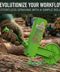 Heavy Duty 16 Inch Firewood Marking Tool Featuring Automatic Paint Roller marking logs with green spray, easy grip handle for log sorting.
