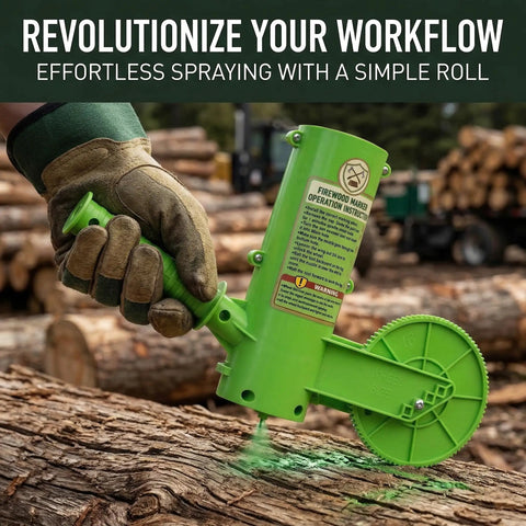 Heavy Duty 16 Inch Firewood Marking Tool Featuring Automatic Paint Roller marking logs with green spray, easy grip handle for log sorting.