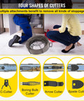 Heavy Duty Pro Grade Drain Cleaning Cable 75ft 3 8 Inch Solid Core Sewer Snake with four cutter shapes, coiled on floor