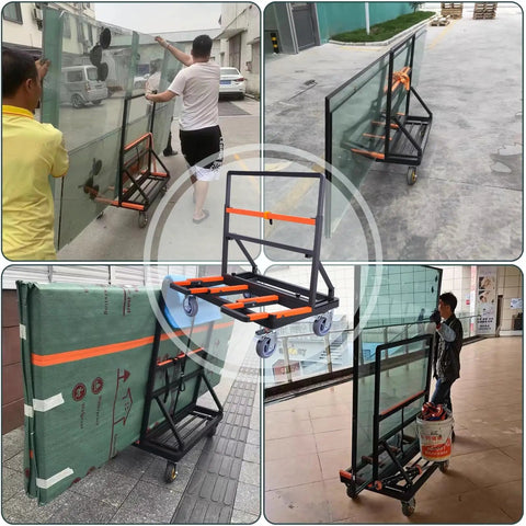 Super Heavy Duty Folding Panel Dolly And Glass Drywall Transport Cart moving large glass panels with padded surfaces and secure tie downs.