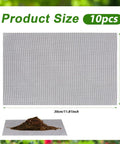 10 Pack Flower Pot Hole Mesh Pads For Superior Drainage 11.8 By 7.8 Inch Bonsai Plant Screen Mesh displaying size and soil example