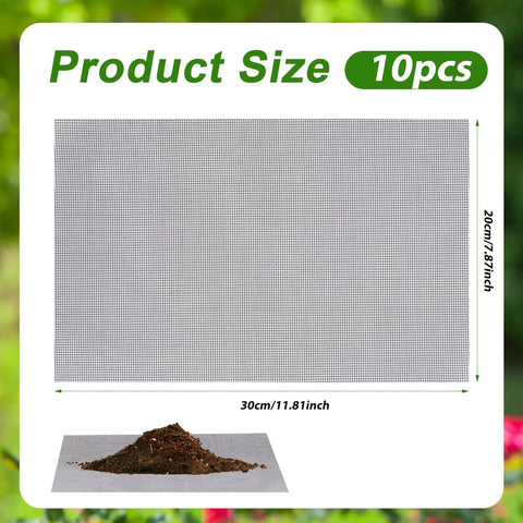 10 Pack Flower Pot Hole Mesh Pads For Superior Drainage 11.8 By 7.8 Inch Bonsai Plant Screen Mesh displaying size and soil example
