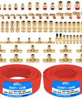 Front view of brass DOT air fittings kit; 76-piece set with red tubing, 100 ft of 1/4 in and 50 ft of 3/8 in lines