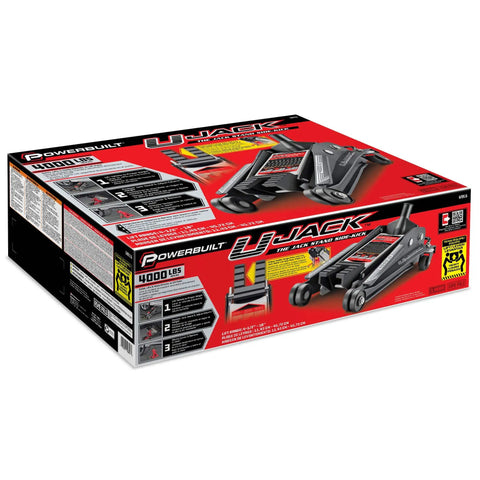 Box of 2 Ton U Jack Garage Jack That Saves Time No Fuss With 3000 Lbs Load Capacity And Lift Range From Four And A Half Inch To Eighteen And Three Quarters Inch Unique Slotted Saddle For Quick Slide In Jack Stands On Unibody Cars In Your Home Garage
