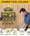 Power Tool Organizer For Wall Mounted Garage, 4 Drill Holders on wood wall with drills and tools displayed