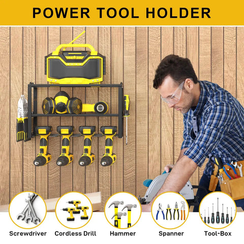 Power Tool Organizer For Wall Mounted Garage, 4 Drill Holders on wood wall with drills and tools displayed
