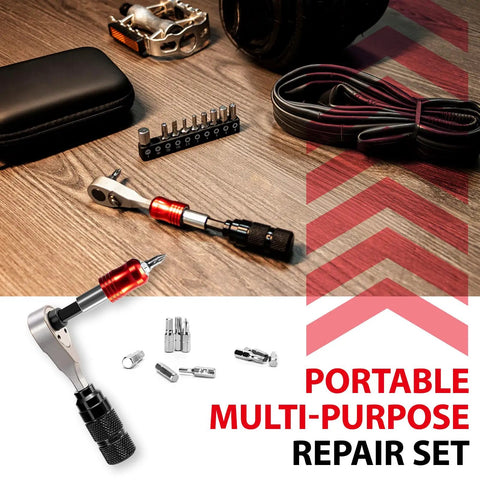Portable Bike Repair Tool Kit With Ratchet Wrench And Ten Bits displayed on a wooden surface with accessories.
