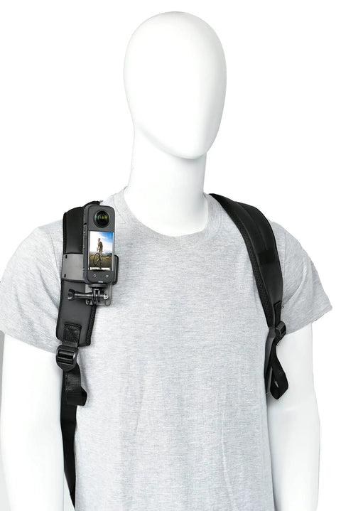 No Fuss All In One Mount Bundle for Insta360 on mannequin's backpack strap, showcasing versatile camera setup.