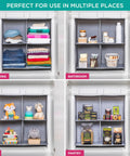 Two In One Hanging Closet Organizer With Built In Garment Rod And Four Spacious Shelves For Clothes Sweaters And Shoes Heavy Duty 600D Fabric Doubles Your Closet Capacity Reinforced Grey displayed in multiple uses including clothing and pantry.