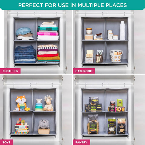 Two In One Hanging Closet Organizer With Built In Garment Rod And Four Spacious Shelves For Clothes Sweaters And Shoes Heavy Duty 600D Fabric Doubles Your Closet Capacity Reinforced Grey displayed in multiple uses including clothing and pantry.