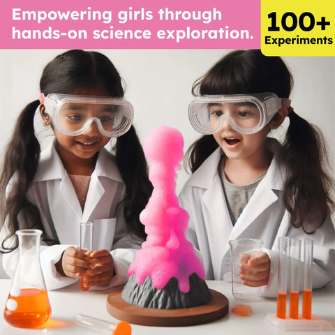 Girls Science Kit With 100 Plus Experiments For Kids Ages Five To Eight Safe Hands On STEM Activity Set That Makes Science Fun And Easy To Explore At Home girls in lab coats with goggles around a pink volcano experiment