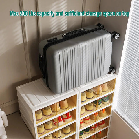 8-Tier Foldable Shoes Rack Organizer With Clear Plastic Boxes Space Saving Stackable Closet Shoe Cabinet; luggage on top
