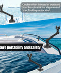 EDSRDPLT trolling motor stabilizer bracket with adjustable arm and quick release mounted on Versatrack boat track.