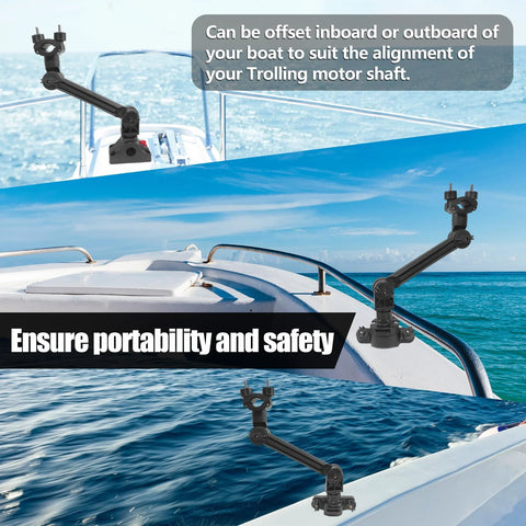 EDSRDPLT trolling motor stabilizer bracket with adjustable arm and quick release mounted on Versatrack boat track.