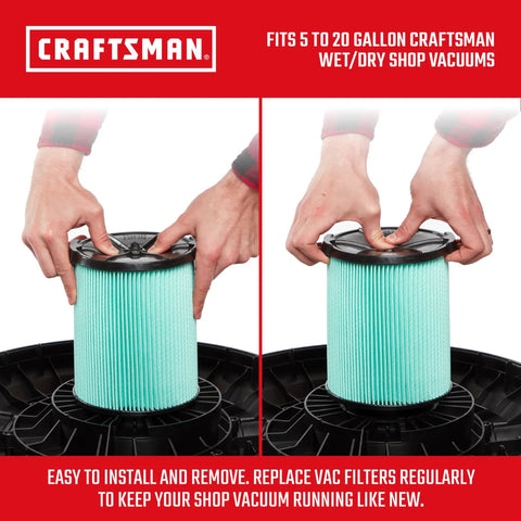 HEPA Media Replacement Vacuum Filter For 5 To 20 Gallon Wet Dry Shop Vacuums being installed by hands, close-up view.