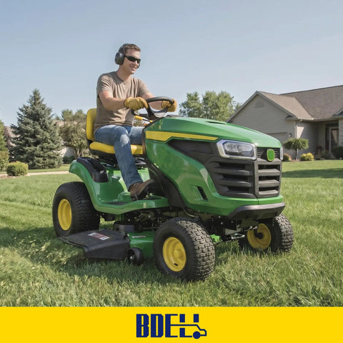 Person mowing lawn on John Deere mower with Steel Gear Starter Replacement For Briggs And Stratton 7HP To 22HP Engines, 1972 To 2006